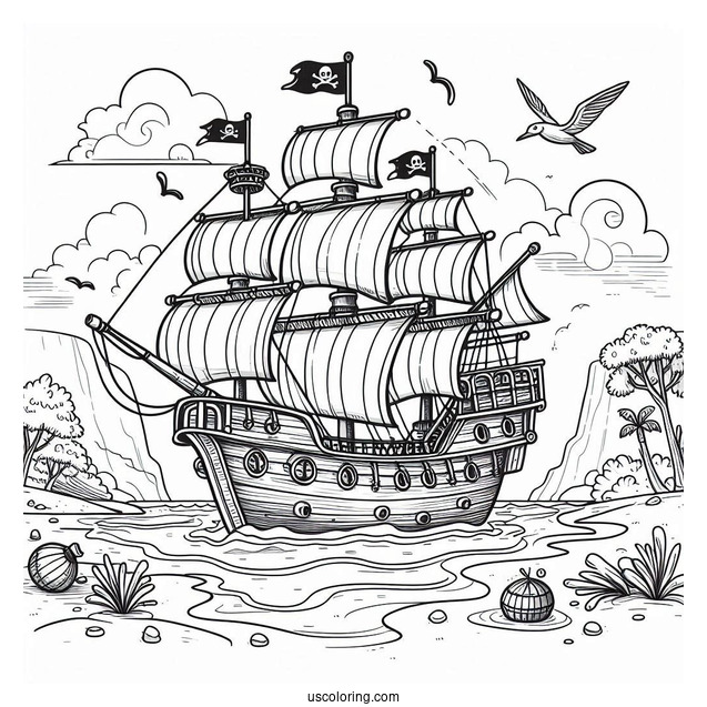 Large Cartoon Pirate Ship Coloring Page Near An Island