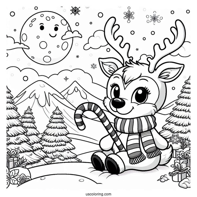 Christmas Coloring Pages For Adults Of Rudolph Biting Candy Cane In Snowy Landscape