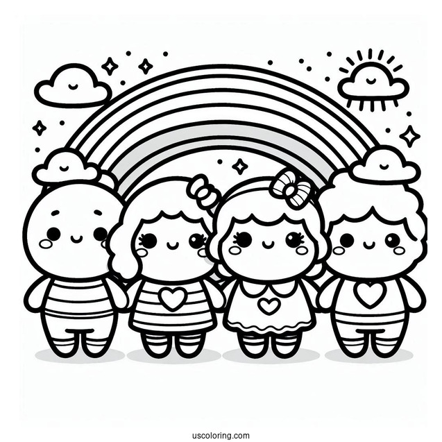 Cute Orange, Green, Blue, And Red Rainbow Friends Coloring Page
