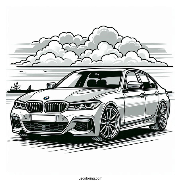BMW Coloring Page Series 3 Berline With Cloudy Background