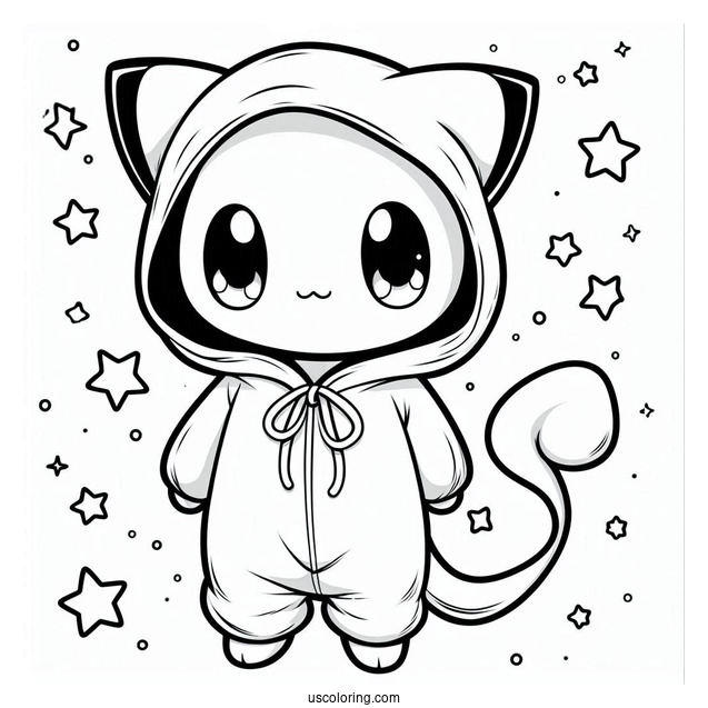 Cute Mew Coloring Page In Onesie With Hoodie For Kids