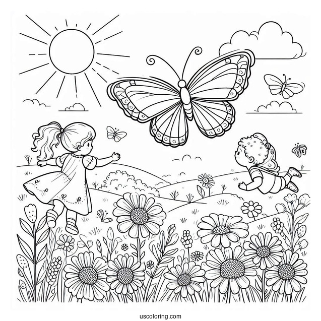 A Butterfly Hovering Over A Field Of Flowers With Two Children