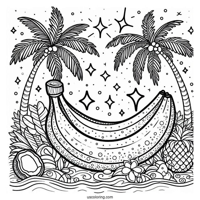 Sparkling Banana Coloring Page With Coconut Trees In The Background