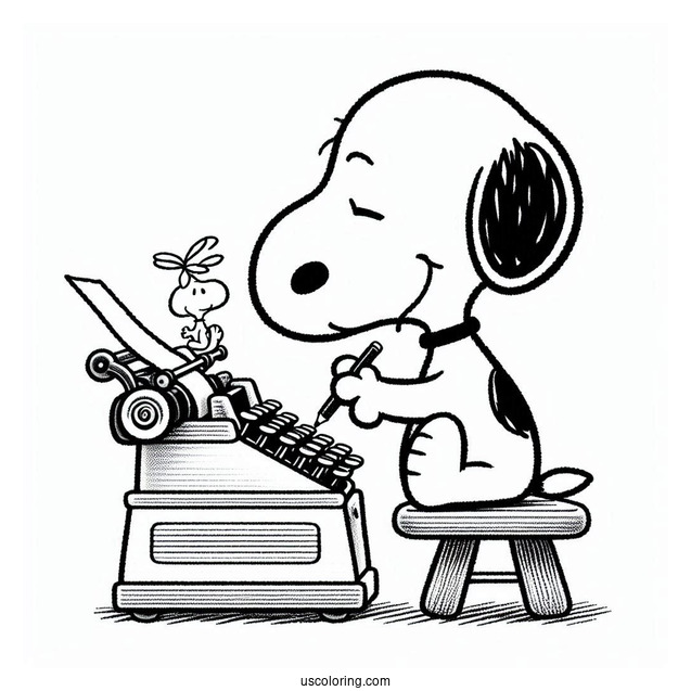 Snoopy Writing On Type Writer To Color