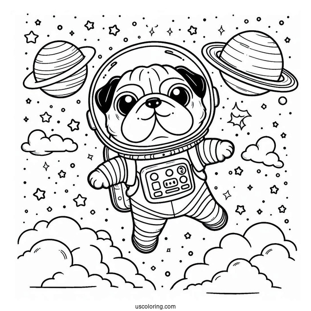 Astronaut Pug Coloring Page Floating in Outer Space