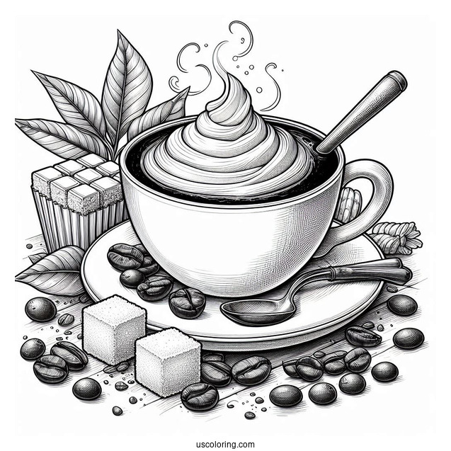 Realistic Cup Of Coffee Coloring Pages With Maracon, Sugar Cubes, And Beans