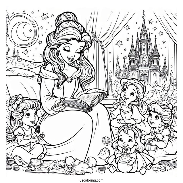Coloring Page Of Belle Reading To Her Enchanted Friends