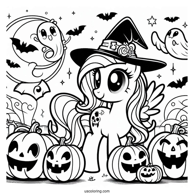Coloring Sheet of Halloween My Little Pony with Ghosts and Jack-O-Lanterns