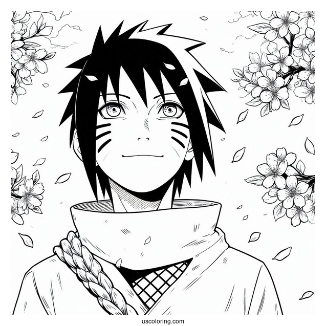 Uchiha Sasuke Coloring Page Smiling At Cherry Blossoms