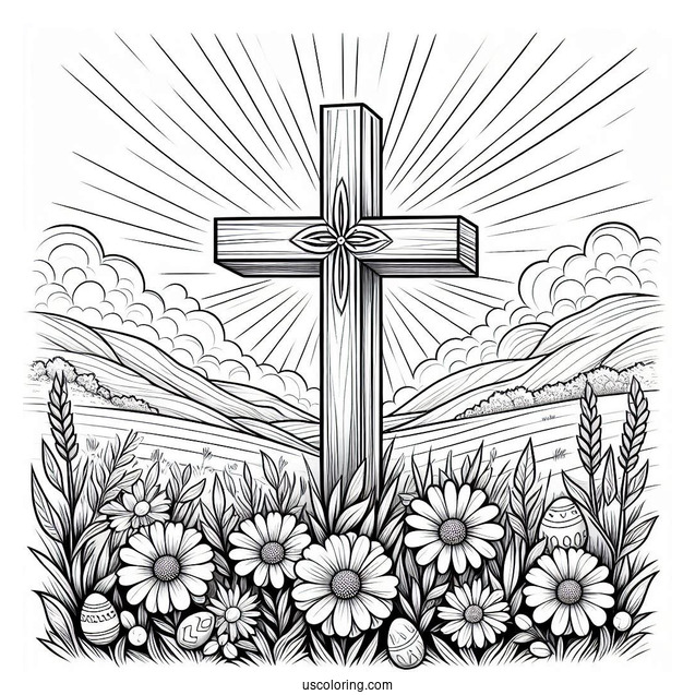 Easter Coloring Page Of Easter Cross With Flowers In A Field