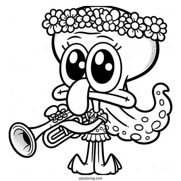 Cute Squidward Coloring Page Playing Trumpet For Kids