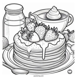 Fluffy Pancake Coloring Page With Strawberry, Blueberry, And Syrup For Kids