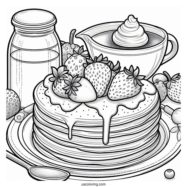 Fluffy Pancake Coloring Page With Strawberry, Blueberry, And Syrup For Kids