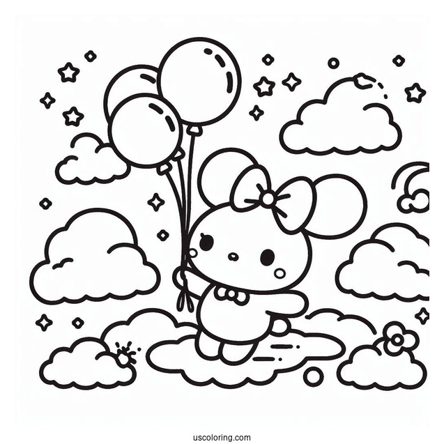 Sanrio Coloring Pages Of Cinnamoroll Holding Balloons In The Clouds