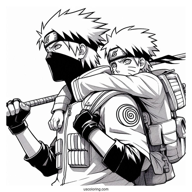 Kakashi Coloring Page Carrying Naruto On His Back