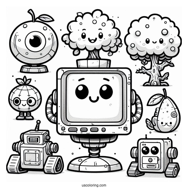 Sprunki Coloring Page Of Mr. Fun Computer, Tree, Simon, Orange, Fun Bot, Clukr, And Raddy