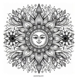 Complex Sun And Flower Mandala Coloring Sheet