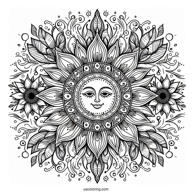Complex Sun And Flower Mandala Coloring Sheet