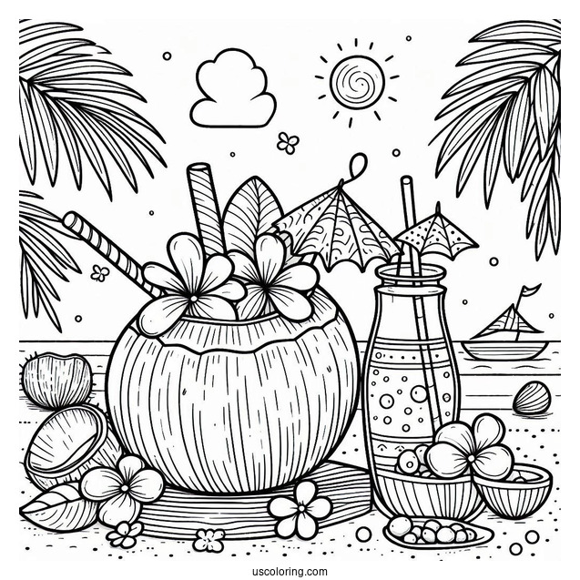 Summer Coloring Page Of Easy Coconut Drink With A Flower For Kids