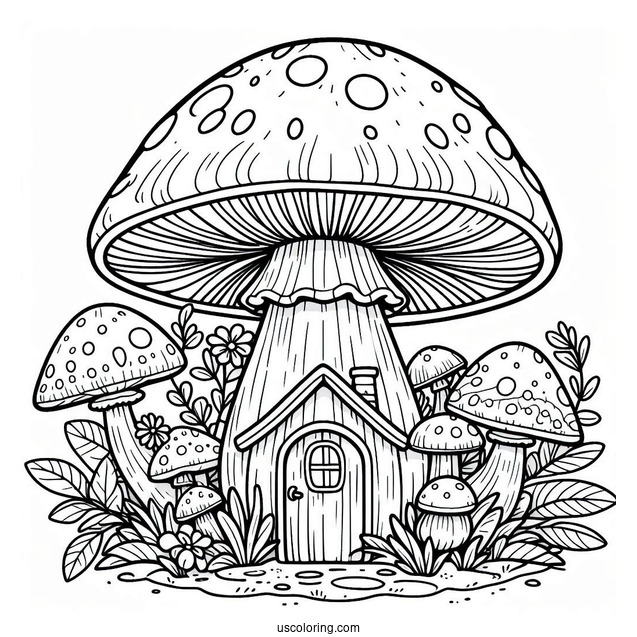Massive Mushroom Coloring Page Growing Around A Small House
