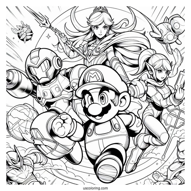 Super Smash Bros Coloring Page Of Mario, Mega Man, Palutena, Samus Aran, And Lucina