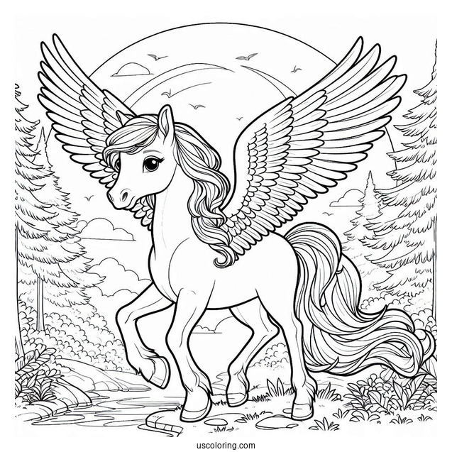 Young Pegasus Coloring Page In The Forest