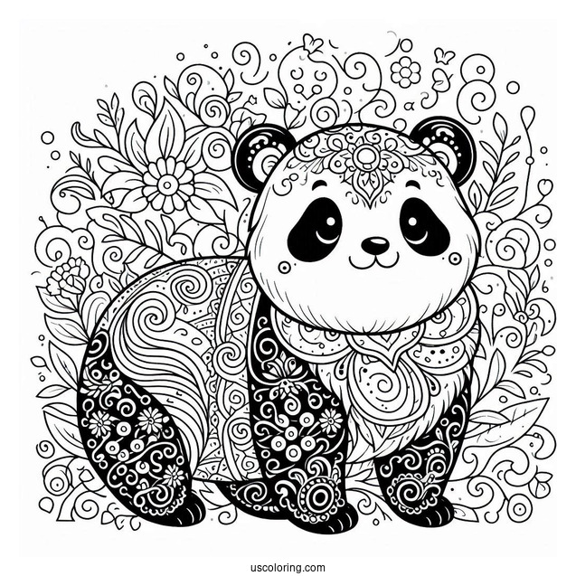 Ornamental Panda Coloring Page with Floral Swirls and Mandala Belly Design