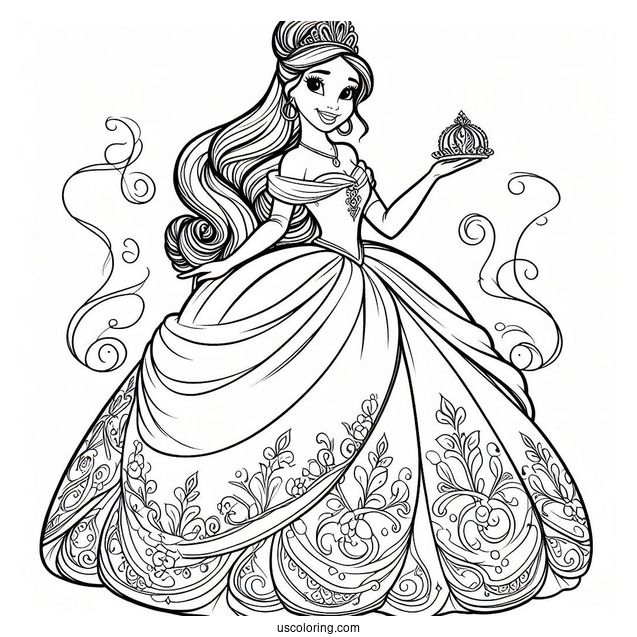 Princess Tiana In Ball Gown Coloring In For Kids