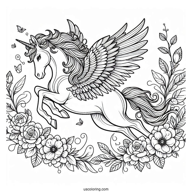 Elegant Pegasus Coloring Page With Flowers