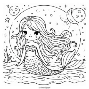 Cute Coloring Page Mermaid Swimming In The Night Sky