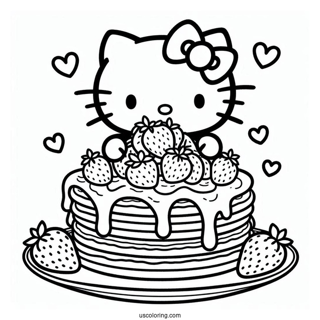Hello Kitty Holding Massive Pancake Coloring Page With Strawberry Toppings