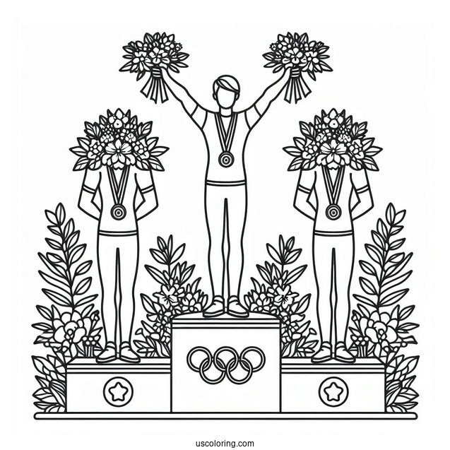 Olympics Coloring Page Of Athletes On Tri Level Podium With Medals And Flowers