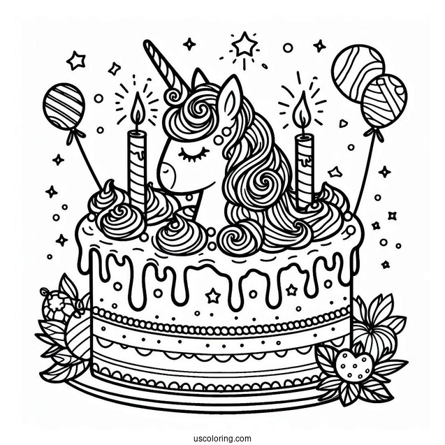 Unicorn Birthday Cake Coloring In For Kids