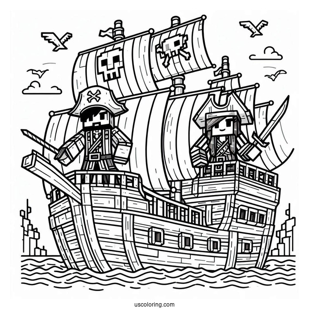 Easy Minecraft Pirate Ship Coloring Page With Two Pirates For Kids