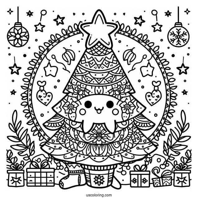 Christmas Mandala Coloring Page Of Kawaii Christmas Tree With Large Star Mandala For Kids