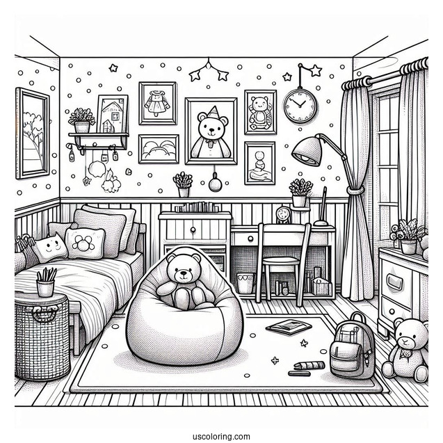 Kid's Bedroom Coloring Page With Bean Bag, Stuffed Toys, And Paintings