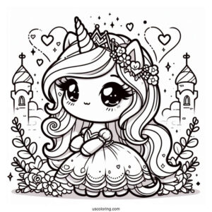 Chibi Unicorn Princess With Love Hearts And Sparkles Coloring Page