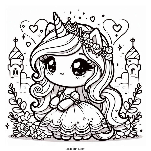 Chibi Unicorn Princess With Love Hearts And Sparkles Coloring Page