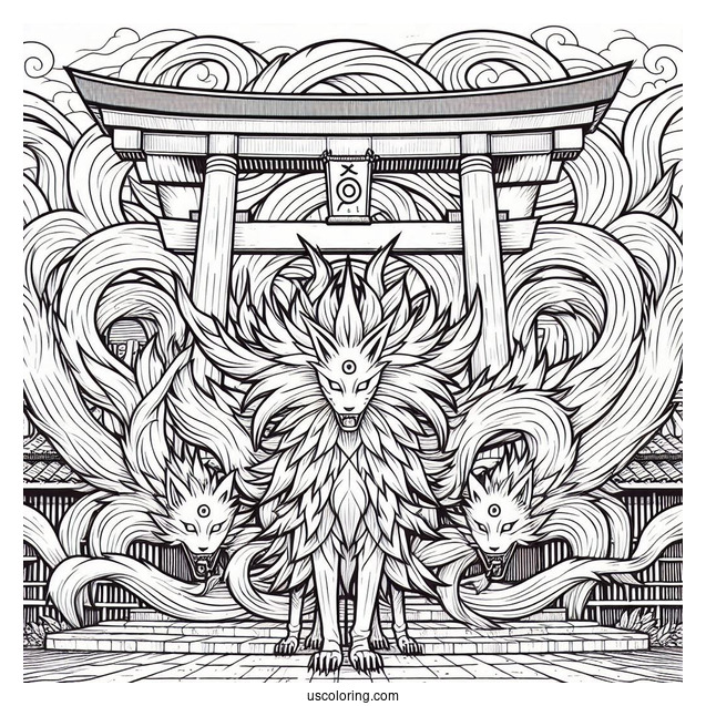 Naruto Coloring Page Of Detailed Kurama Nine Tails In Front Of Torii