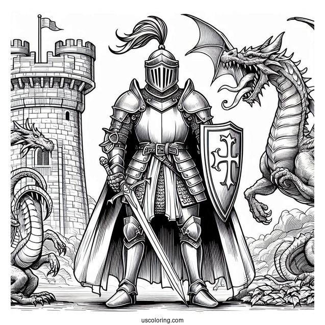 Realistic Knight In Front Of Castle Tower With Dragon