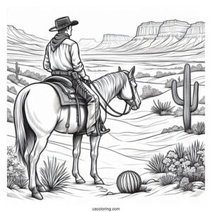 Detailed Cowboy Coloring Page And Horse In Desert