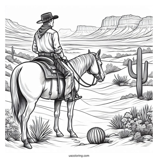 Detailed Cowboy Coloring Page And Horse In Desert