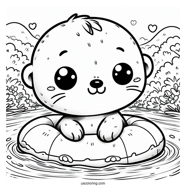 Kawaii Otter Coloring Page Holding Hands While Floating On River