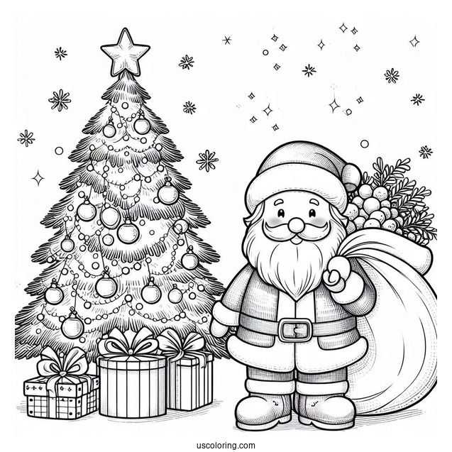 Santa With Sack Of Presents Next To Christmas Tree