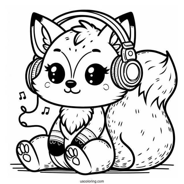 Fox Listening To Music With His Headphones Coloring Sheet