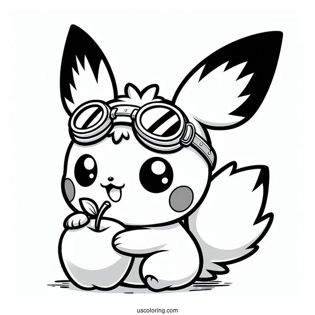 Adorable Pichu Coloring Page Wearing Goggles And Biting An Apple