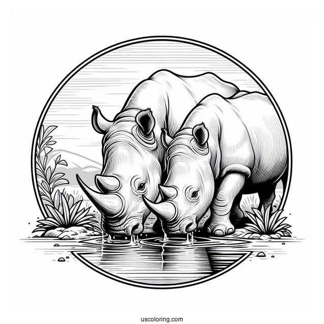 Two Rhinos Drinking Water To Color