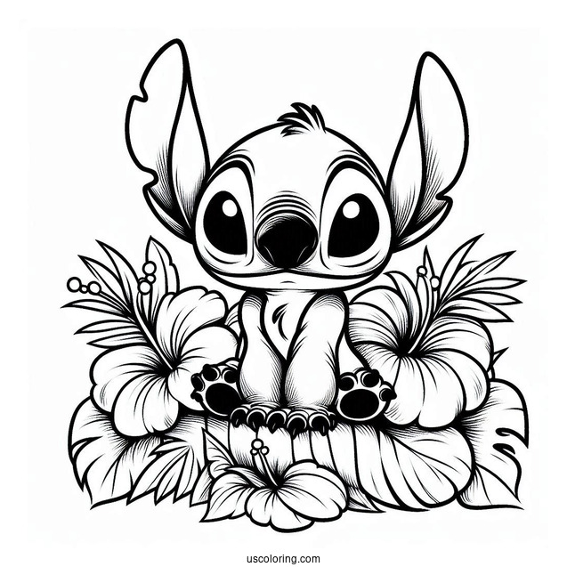Scary Stitch With Hibiscus Flowers Coloring Page