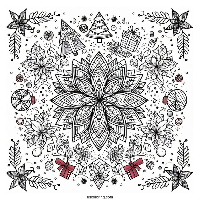 Christmas Mandala Coloring Page Of Have A Merry Little Christmas Mandala With Trees, Presents, And Poinsettias