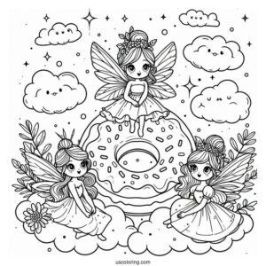 Fairies Surrounding A Donut Coloring Page In The Clouds